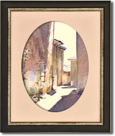 oval matted watercolor old city